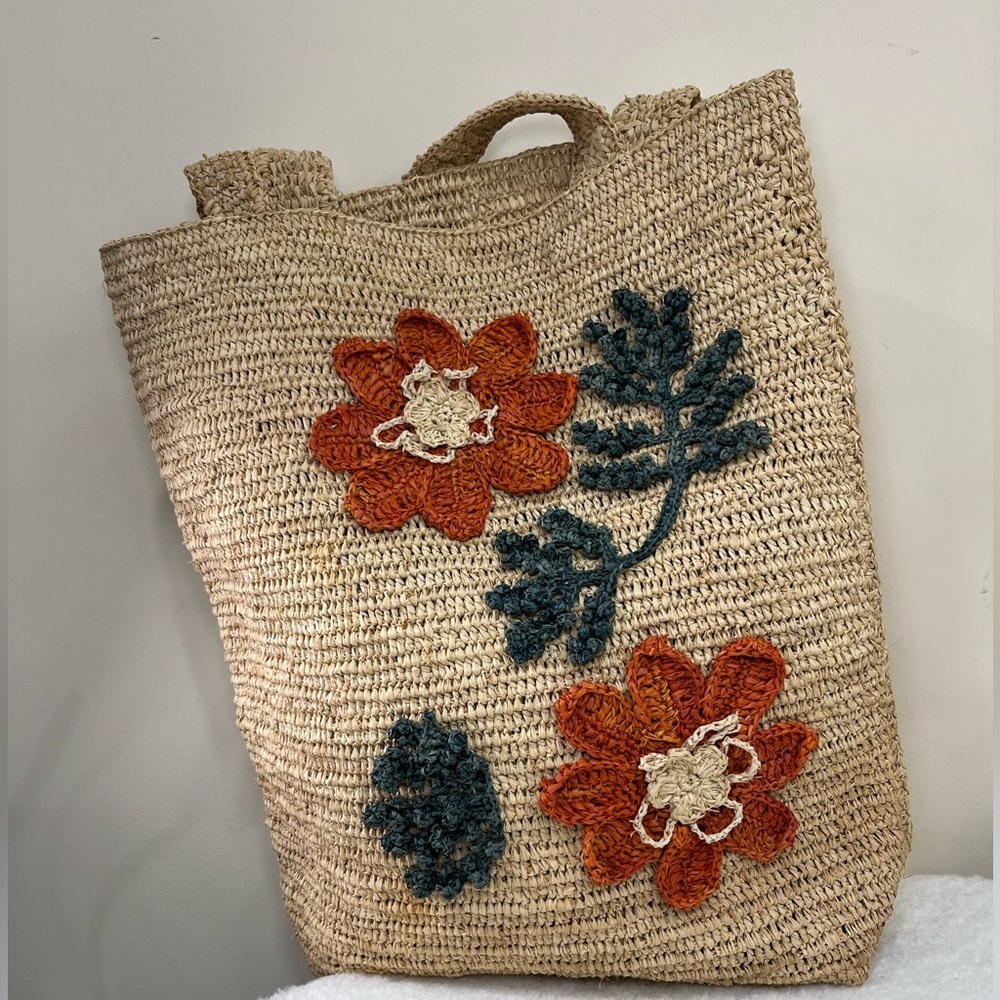 Raffia Crochet Oversized Summer Beach Tote Bag with Floral Design - Picture 7 of 11
